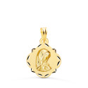 18K MEDALLA ORO AMARILLO VIRGEN NIÑA PERFIL PANDERETA TALLADA 19X16 MM