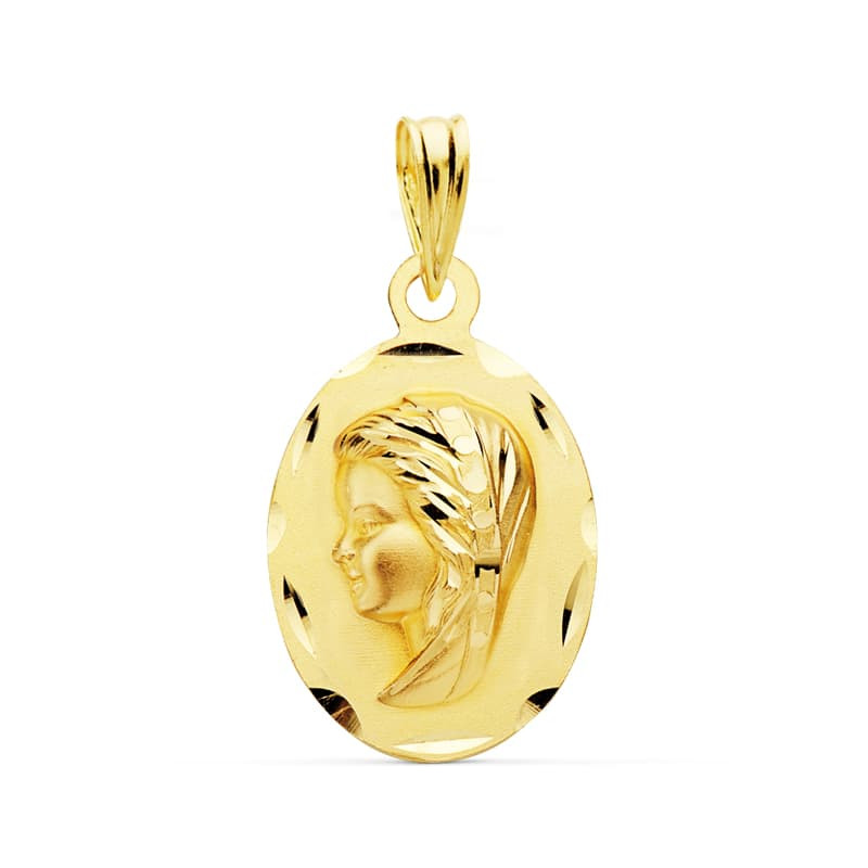 18K MEDALLA ORO AMARILLO VIRGEN NIÑA OVAL LISA MATIZADA. MEDIDA: 23 X 15 MM