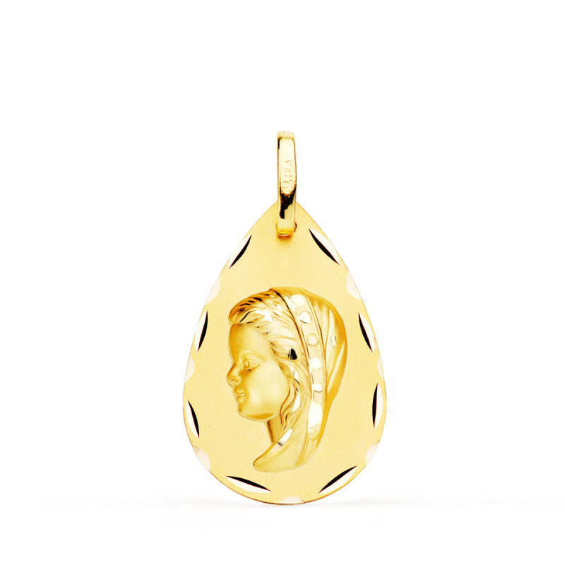 18K MEDALLA ORO AMARILLO VIRGEN NIÑA GOTA TALLA CLASICA 23X15 MM