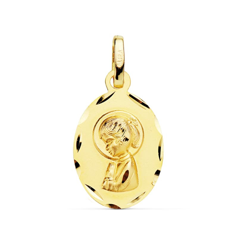 18K MEDALLA ORO AMARILLO VIRGEN NIÑA OVAL TALLADA 19X12 MM