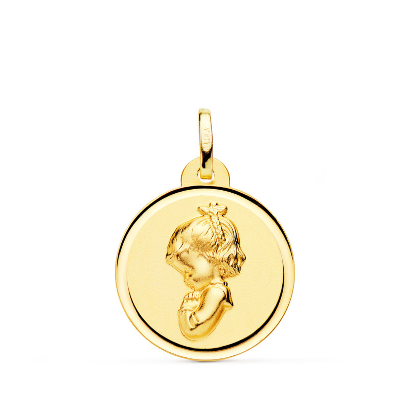 18K MEDALLA ORO AMARILLO VIRGEN NIÑA REZANDO BISEL 20 MM
