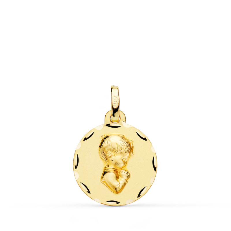 18K MEDALLA ORO AMARILLO NIÑO DE COMUNION PERFIL TALLADA 16 MM