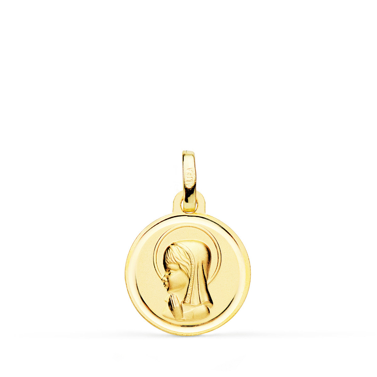 18K MEDALLA ORO AMARILLO VIRGEN NIÑA MATIZADA CON BISEL 14 MM