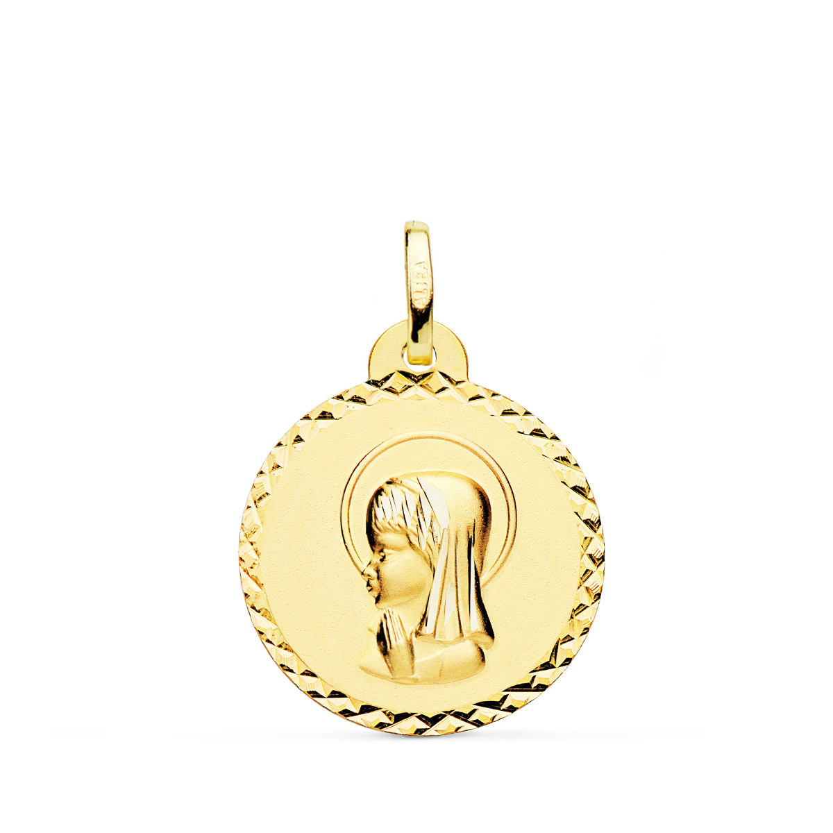 18K MEDALLA ORO AMARILLO VIRGEN NIÑA TALLA CRUZADA 20 MM