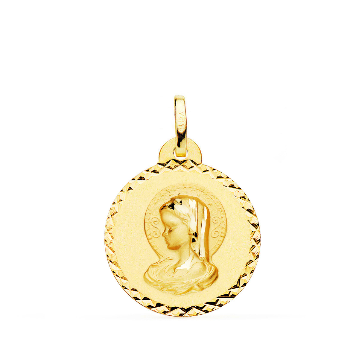 18K MEDALLA ORO AMARILLO VIRGEN MARIA ( VIRGO VIRGINIUM ) TALLA CRUZADA 20 MM