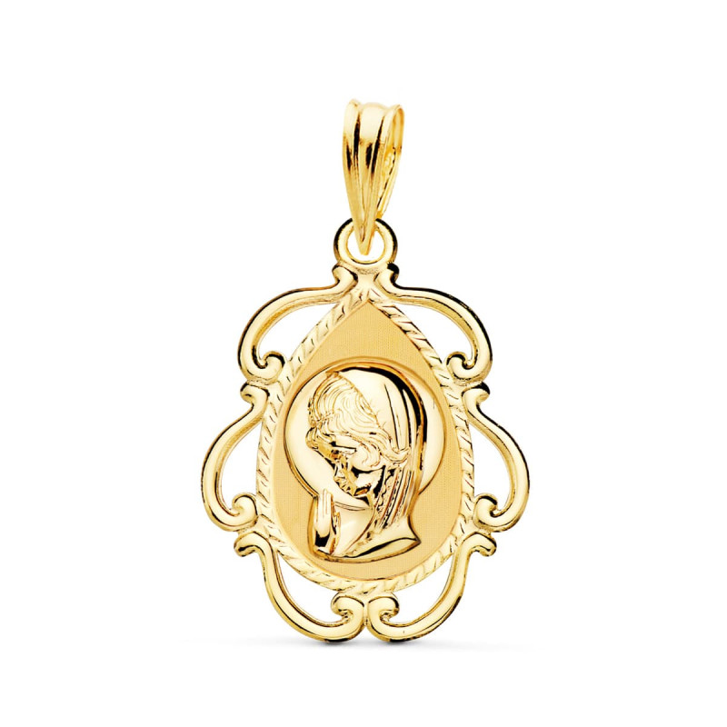18K MEDALLA ORO AMARILLO VIRGEN NIÑA CERCO CALADO EN BRILLO . 22 X 16 MM