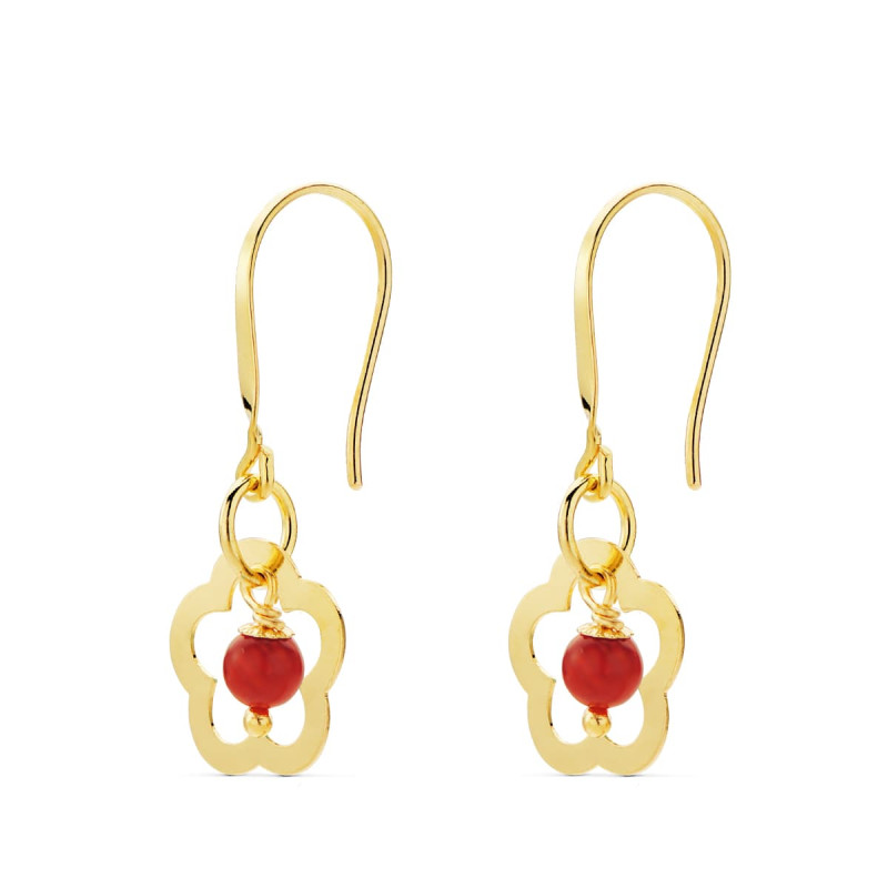 18K PENDIENTES ORO AMARILLO FLOR CON CORAL. MEDIDA: 28 X 12 MM. CIERRE GANCHO