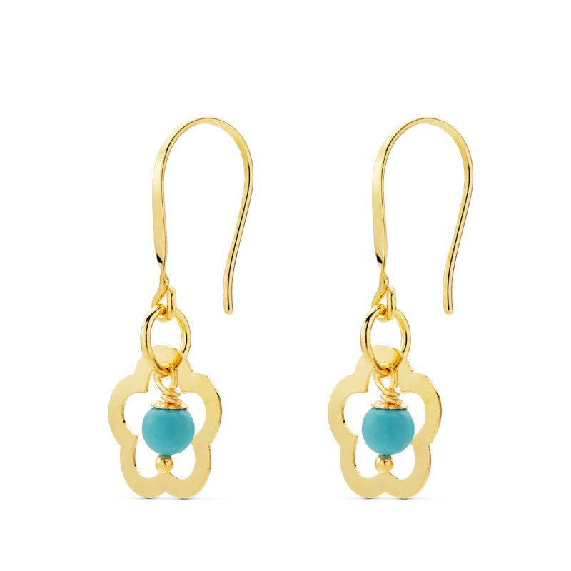 18K PENDIENTES ORO AMARILLO FLOR CON TURQUESA. MEDIDA: 28 X 12 MM. CIERRE GANCHO