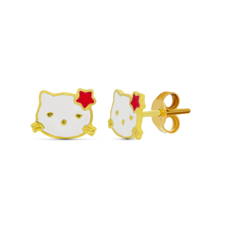 18K PENDIENTES ORO AMARILLO KITTY ESMALTE 10X7 MM CIERRE PRESION