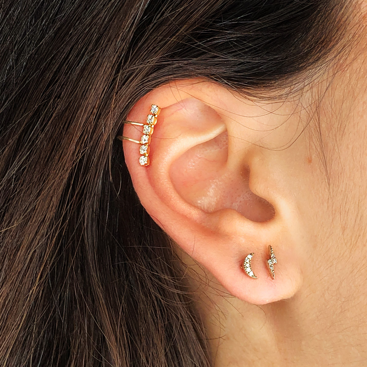 18K PENDIENTES EAR CUFF CARTILAGO OREJA ORO AMARILLO CIRCONITA 15 MM ALTO