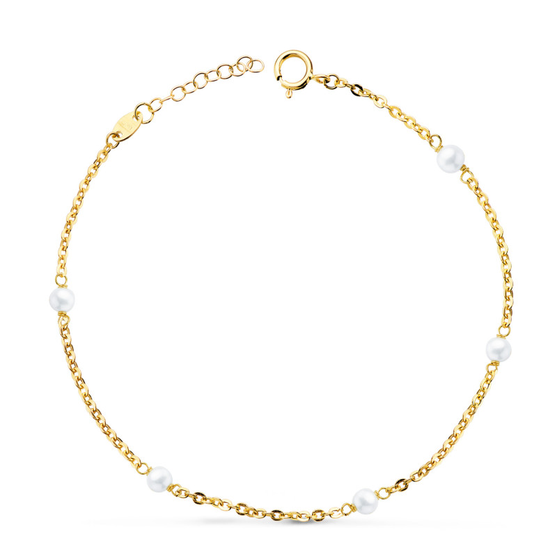 18K PULSERA ORO AMARILLO 5 PERLAS DE 3,5 MM ESLABON FORZADO HUECO. LARGO: 16   3 CM