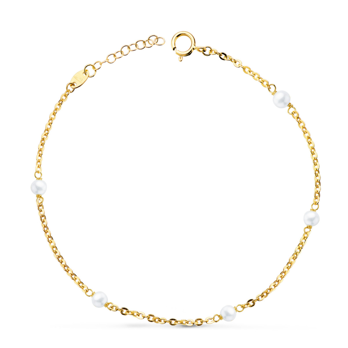18K PULSERA ORO AMARILLO 5 PERLAS DE 3,5 MM ESLABON FORZADO HUECO. LARGO: 16   3 CM