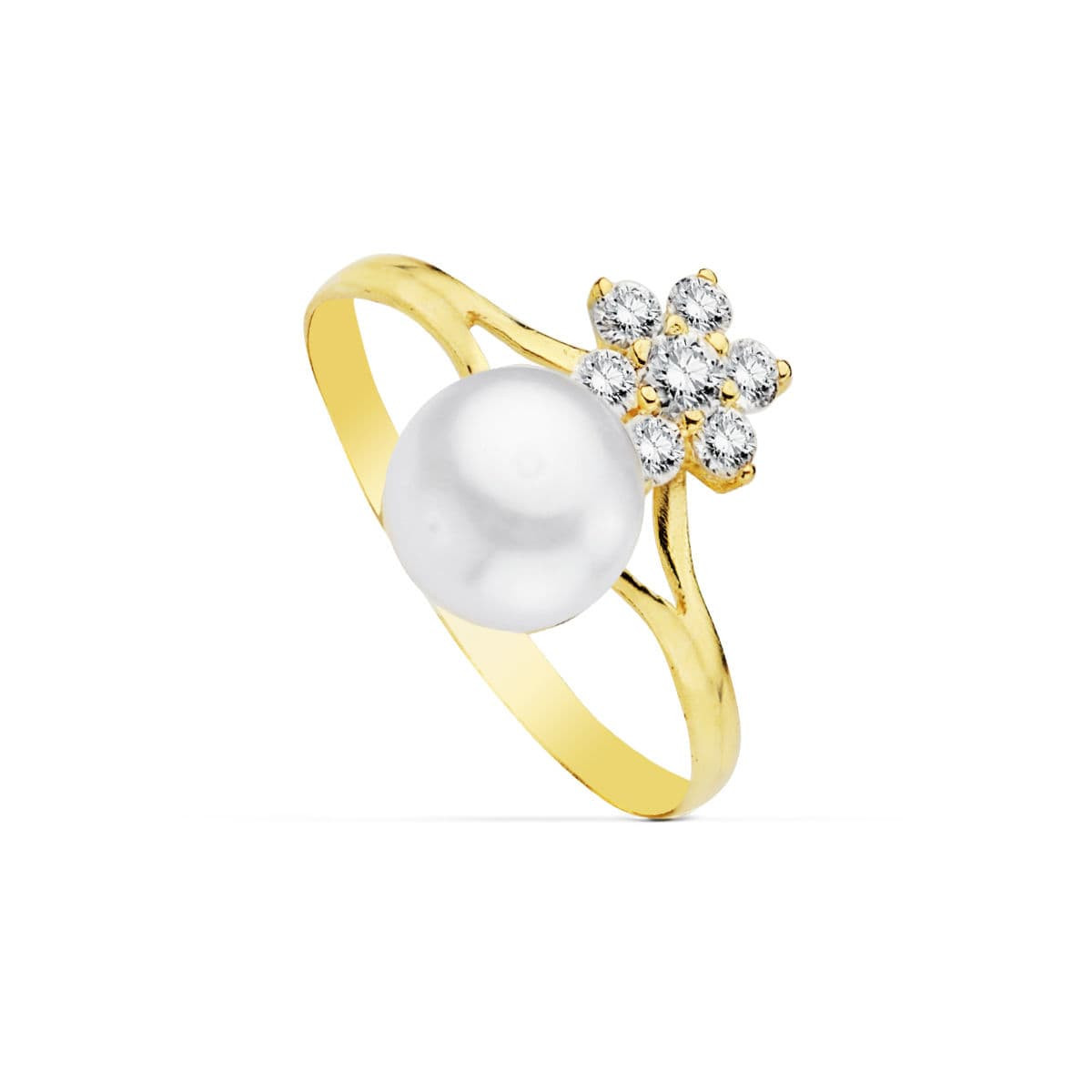 9K SORTIJA ORO AMARILLO CUAJO CIRCONITAS CON PERLA 6,5 MM. ANCHO: 12 MM