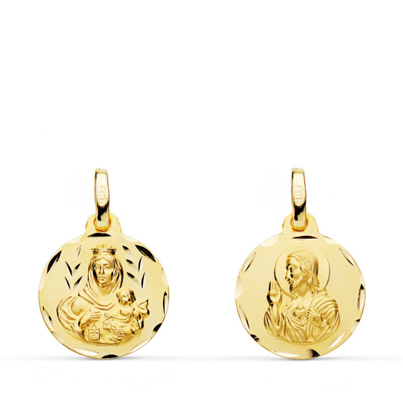 9K ESCAPULARIO ORO AMARILLO TALLADO VIRGEN DEL CARMEN CORAZON DE JESUS 14 MM