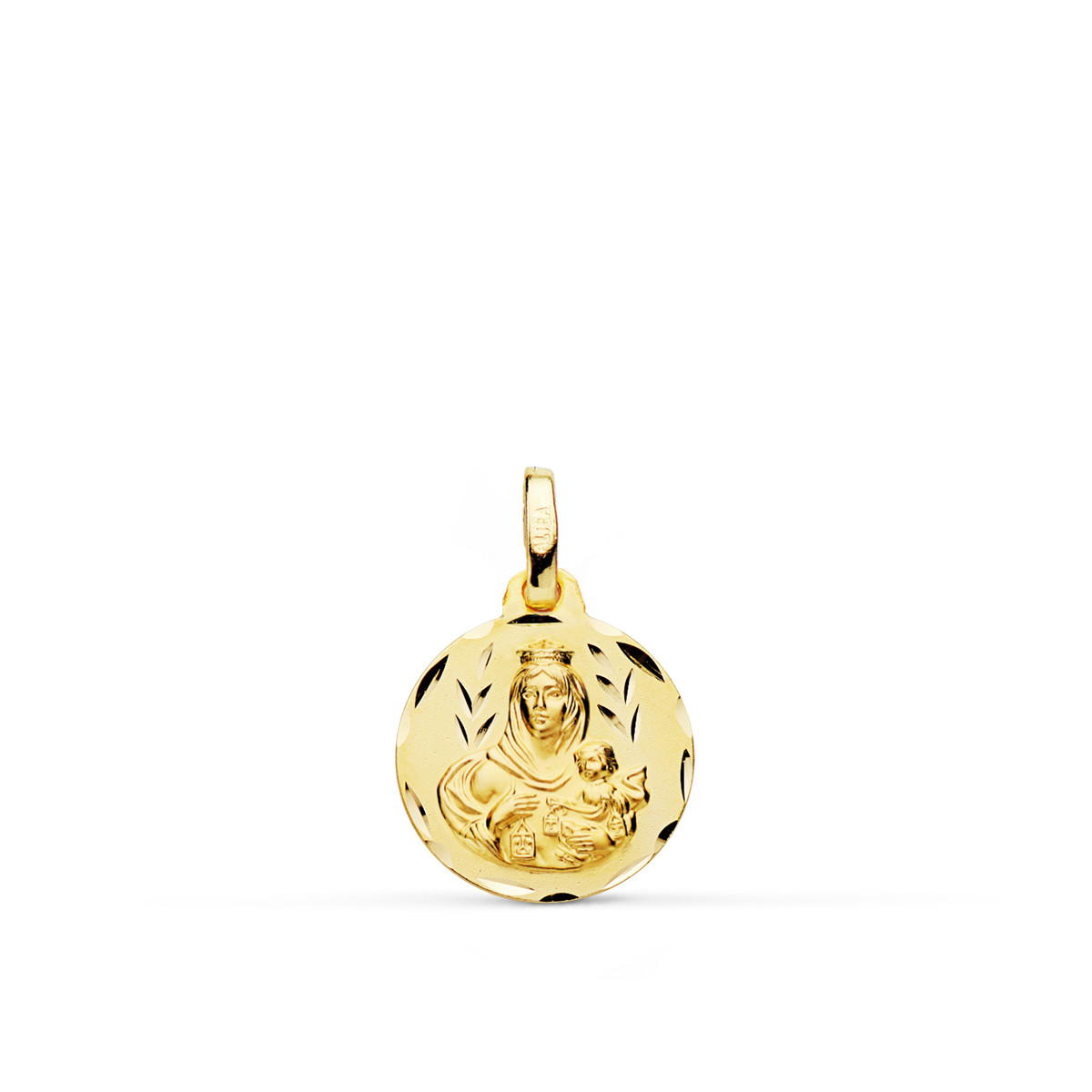 9K ESCAPULARIO ORO AMARILLO TALLADO VIRGEN DEL CARMEN CORAZON DE JESUS 14 MM