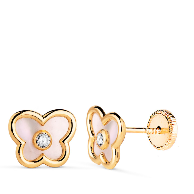 18K PENDIENTES ORO AMARILLO MARIPOSA CON NACAR Y CIRCONITA. MEDIDA: 8 X 7 MM. CIERRE TUERCA