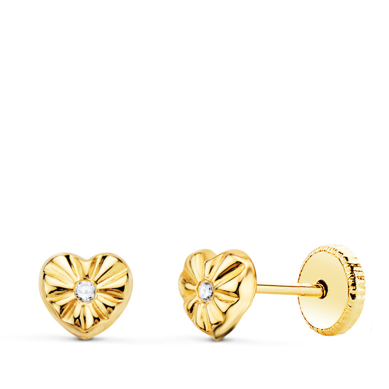 18K PENDIENTES ORO AMARILLO CORAZON CON CIRCONITA 5 X 5 MM CIERRE TUERCA