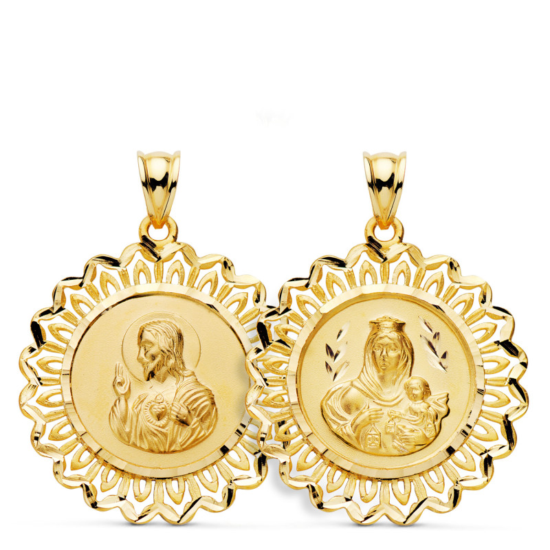18K MEDALLA ORO AMARILLO ESCAPULARIO ORO AMARILLO CERCO CORAZON DE JESUS Y V CARMEN 31X28 MM