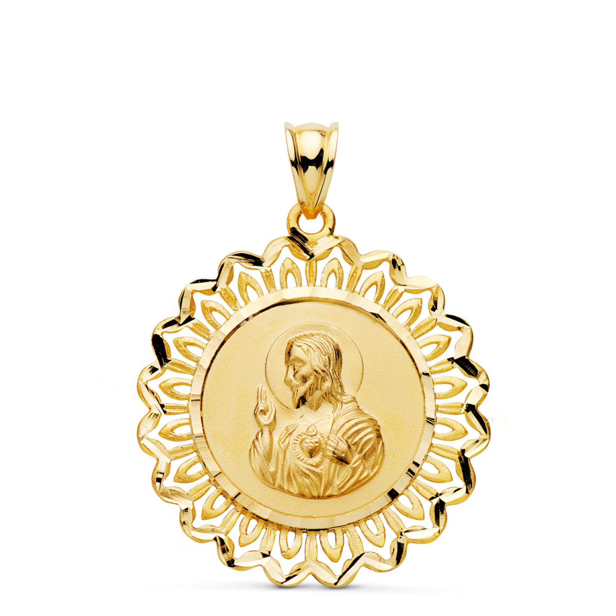 18K MEDALLA ORO AMARILLO ESCAPULARIO ORO AMARILLO CERCO CORAZON DE JESUS Y V CARMEN 31X28 MM