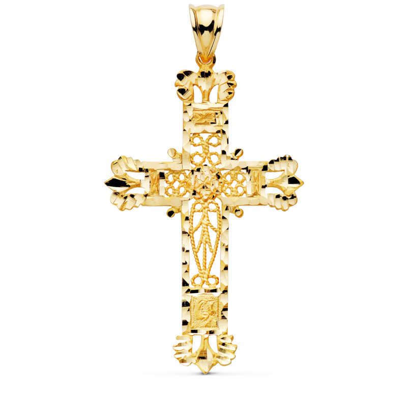 18K CRUZ ORO AMARILLO FILIGRANA BORDES TALLADOS. 58 X 35 MM