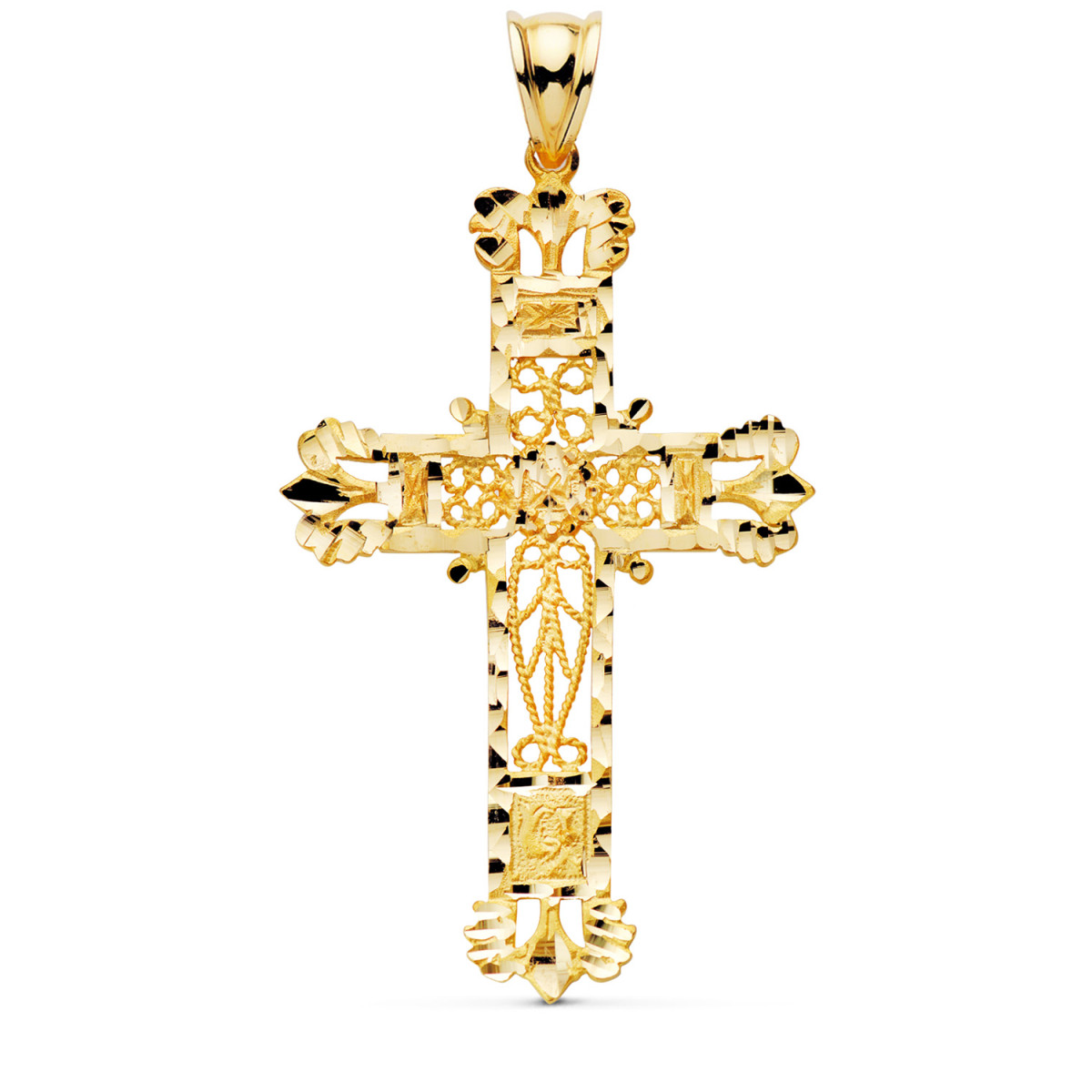 18K CRUZ ORO AMARILLO FILIGRANA BORDES TALLADOS. 58 X 35 MM