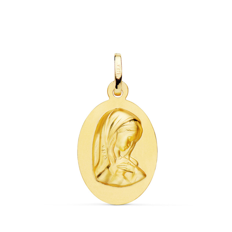 18K MEDALLA ORO AMARILLO VIRGEN NIÑA OVAL LISA MATIZADA. MEDIDA: 22 X 14 MM