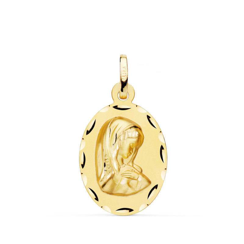 18K MEDALLA ORO AMARILLO VIRGEN NIÑA OVAL TALLADA MATIZADA. MEDIDA: 23 X 15 MM