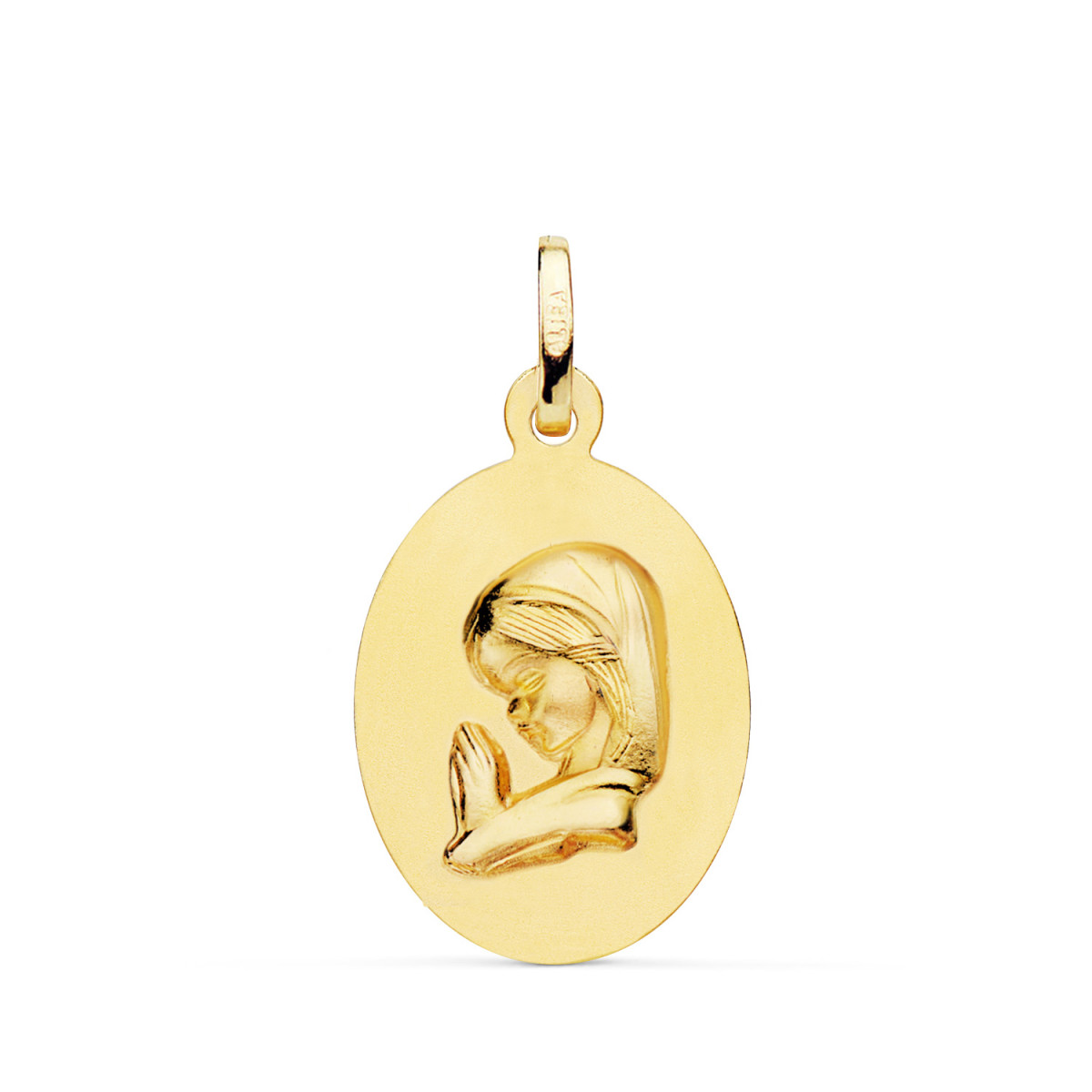 18K MEDALLA ORO AMARILLO VIRGEN NIÑA OVAL LISA MATIZADA. MEDIDA: 23 X 15 MM