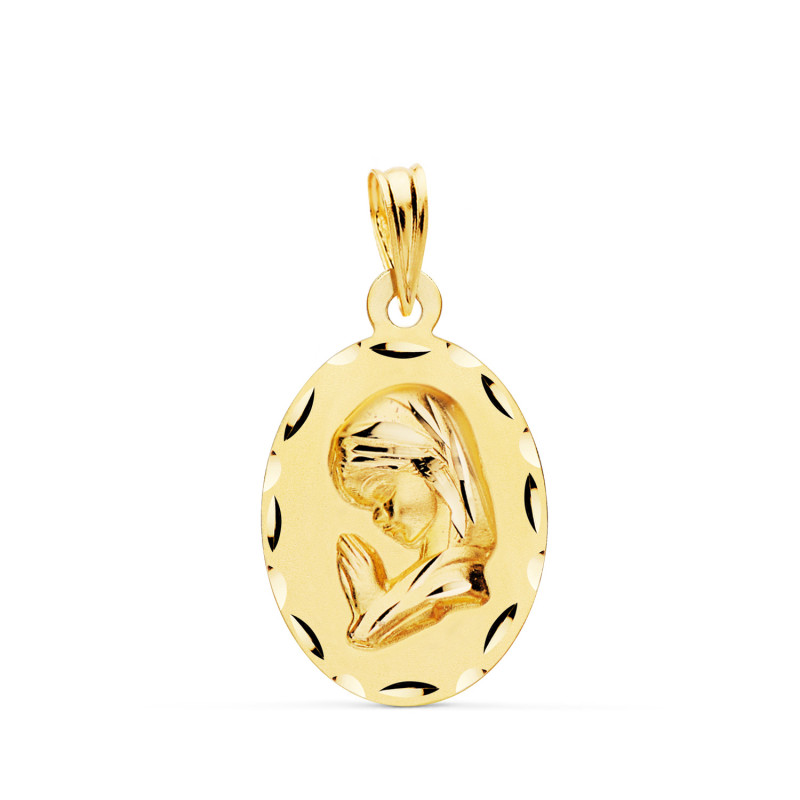 18K MEDALLA ORO AMARILLO VIRGEN NIÑA OVAL TALLADA MATIZADA. MEDIDA: 23 X 14 MM