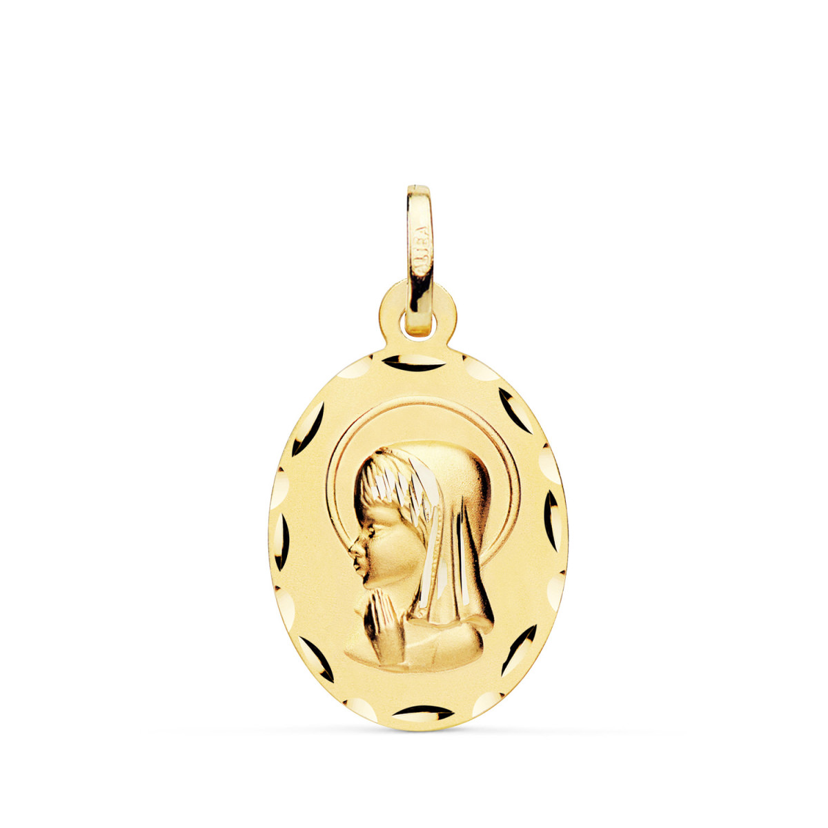 18K MEDALLA ORO AMARILLO VIRGEN NIÑA OVAL TALLADA MATIZADA. MEDIDA: 23 X 15 MM