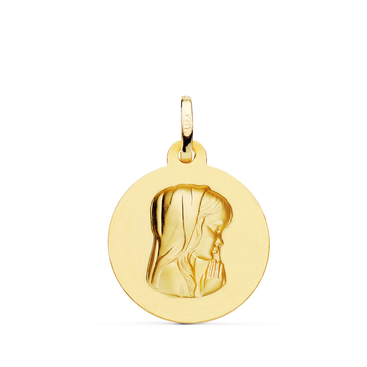 18K MEDALLA ORO AMARILLO VIRGEN NIÑA REDONDA LISA MATIZADA. MEDIDA: 20 MM