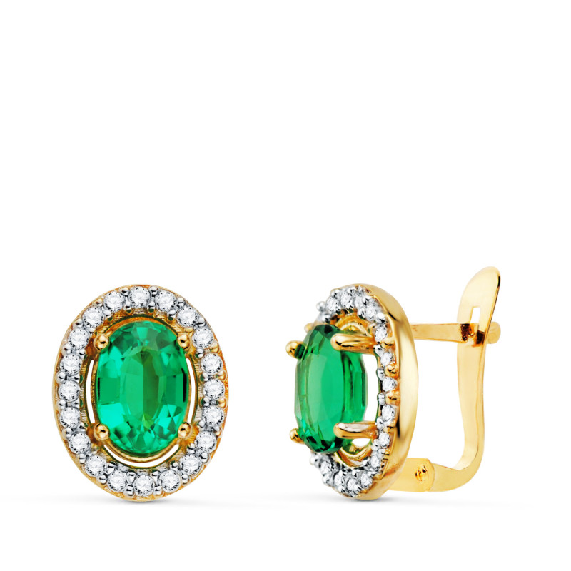9K PENDIENTES CIRCONITAS Y ESMERALDA  6X4 MM