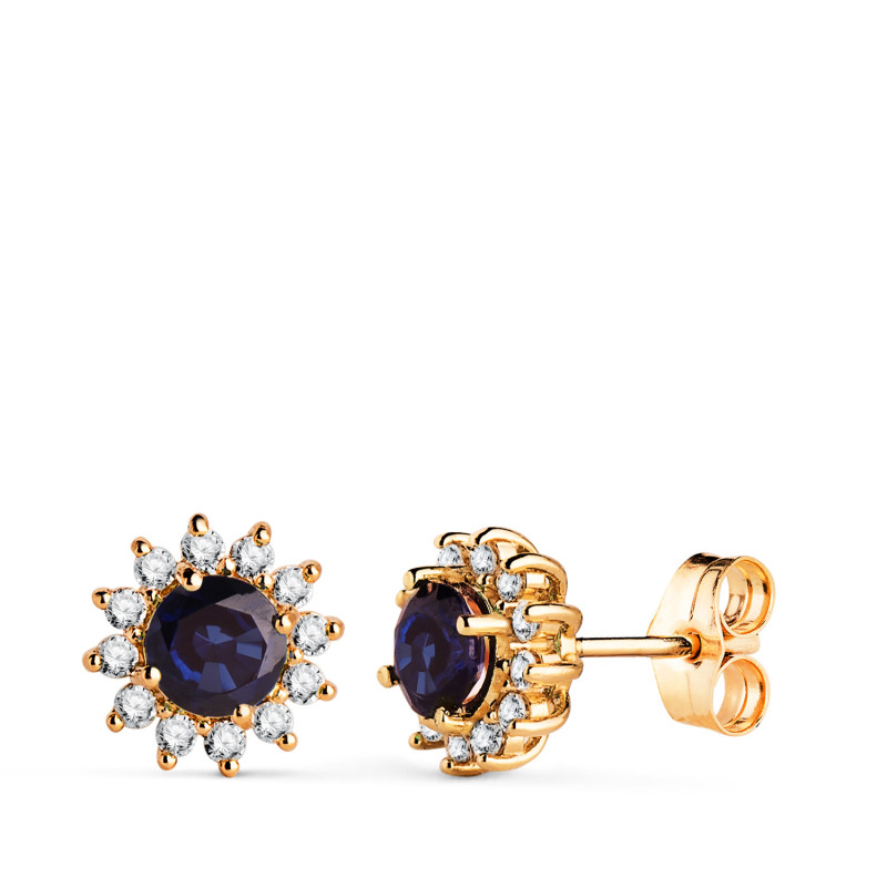 18K PENDIENTES ORO AMARILLO 24 DIAMANTES DE LABORATORIO  Y ZAFIRO DIFUSION 5 MM 1,12 QT. 0,340 QTS. VS2-G. 9 MM CIERRE PRESION