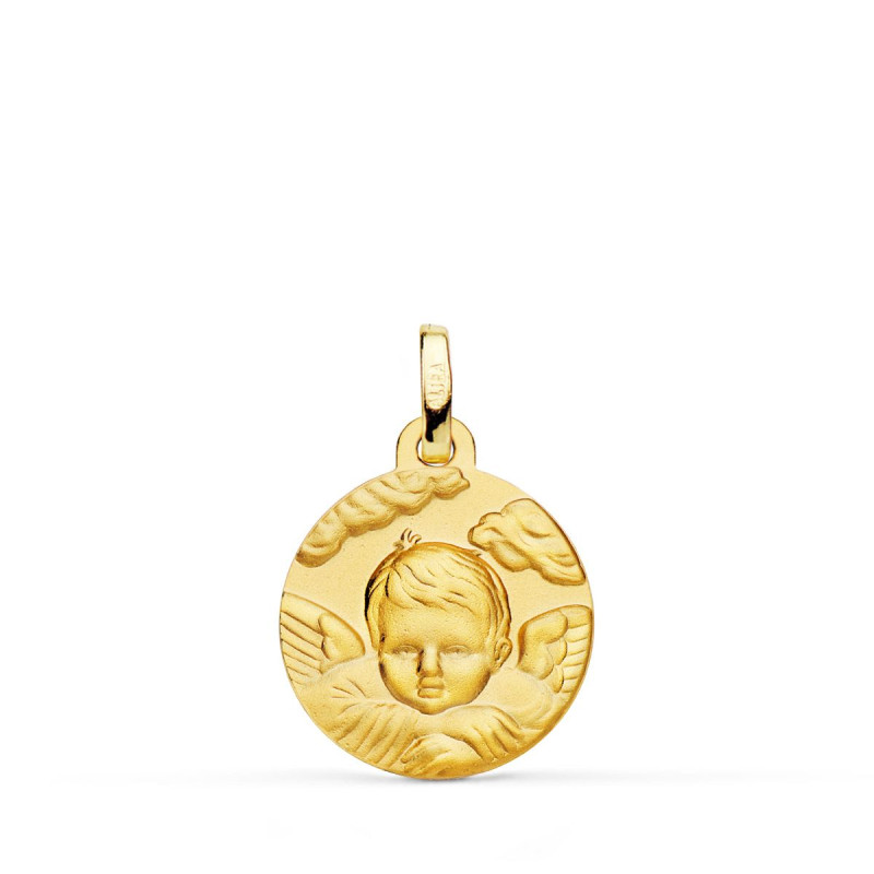 18K MEDALLA ORO AMARILLO ANGEL NIÑO EN LA NUBE MATIZADO. 16 MM