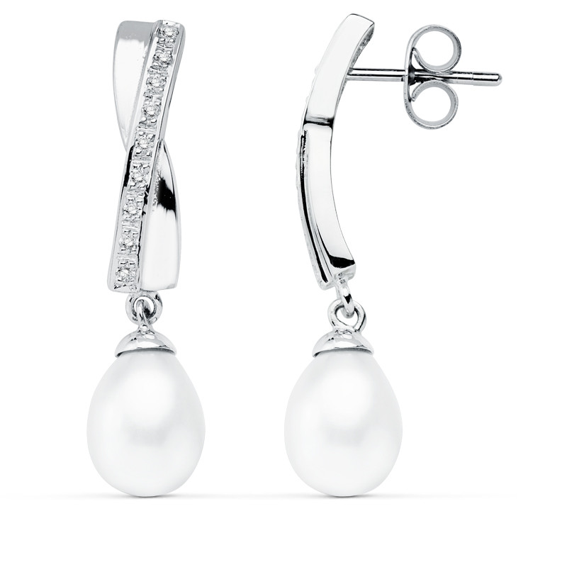 9K PENDIENTES ORO BLANCO PERLA 32X7 MM CIERRE PRESION