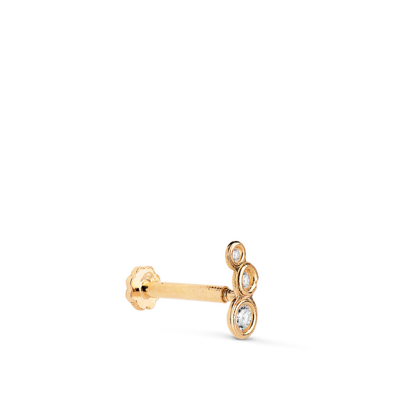 18K PIERCING DE OREJA ORO AMARILLO CON 3 CIRCONITAS 6,5X3 MM. GRUESO BARRA 1.20 MM. CIERRE TUERCA