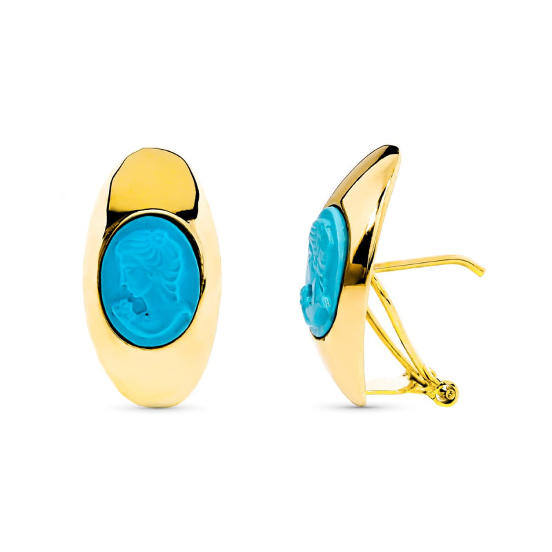 18K PENDIENTES ORO AMARILLO CAMAFEO TURQUESA CIERRE OMEGA