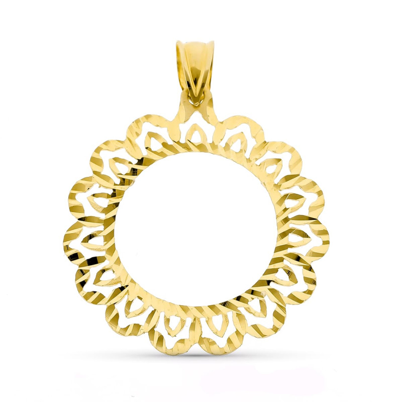 18K PLACA CERCO DE MONEDA ORO AMARILLO 18 MM TALLADO