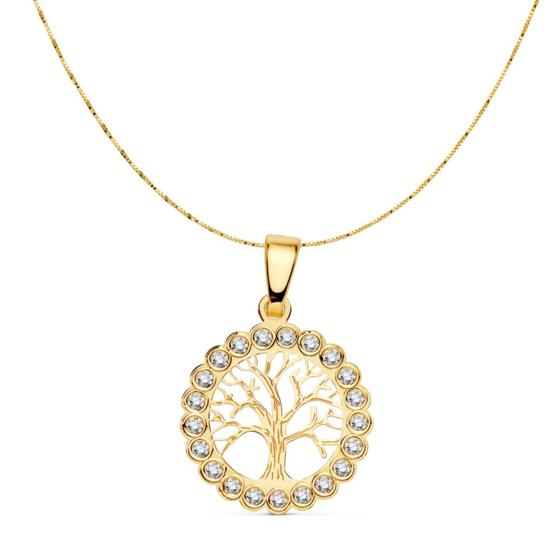 18K COLGANTE ORO AMARILLO ARBOL DE LA VIDA 15 MM CADENA VENECIANA 42CM