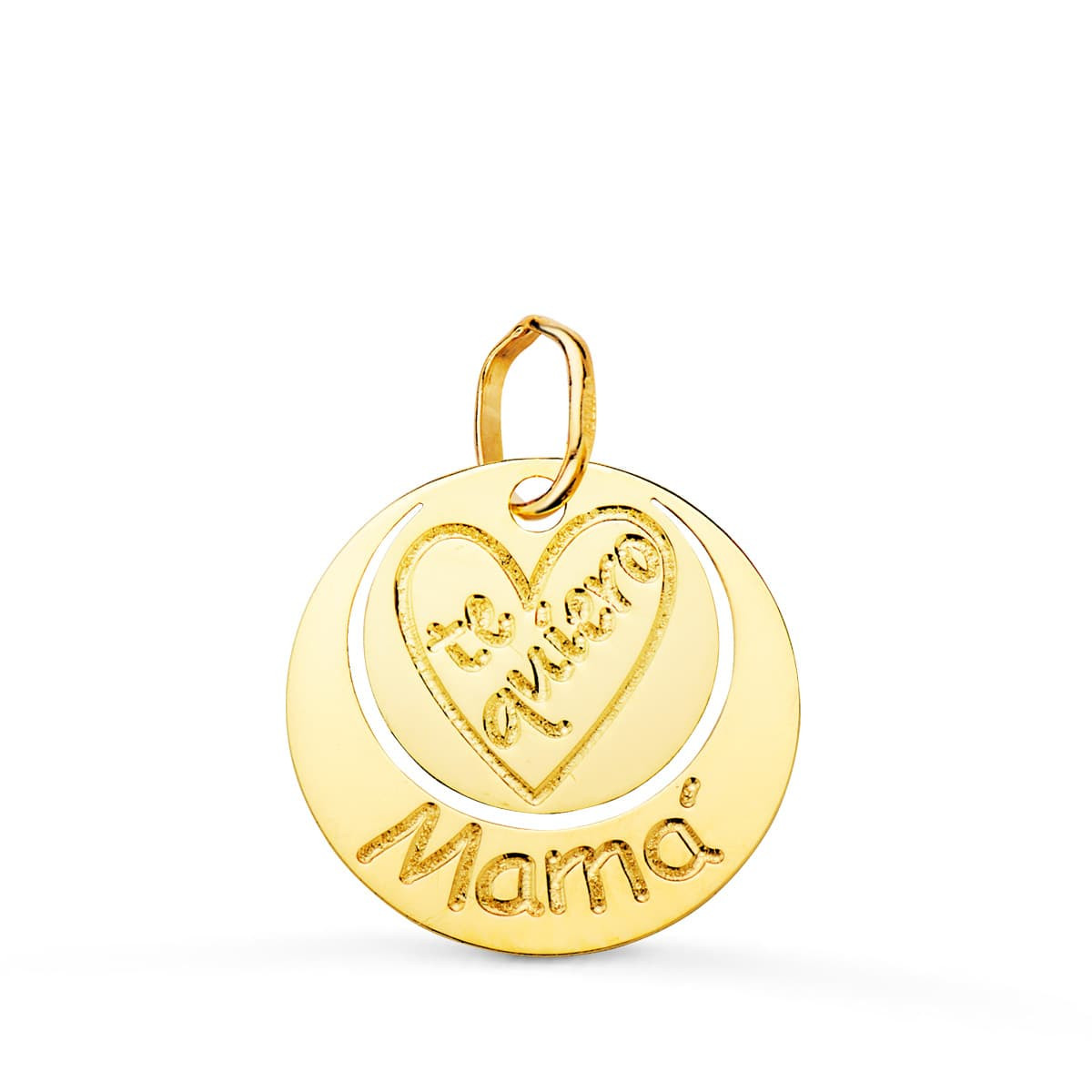 18K COLGANTE ORO AMARILLO REDONDO TE QUIERO MAMA CORAZON GRABADO. 14 MM