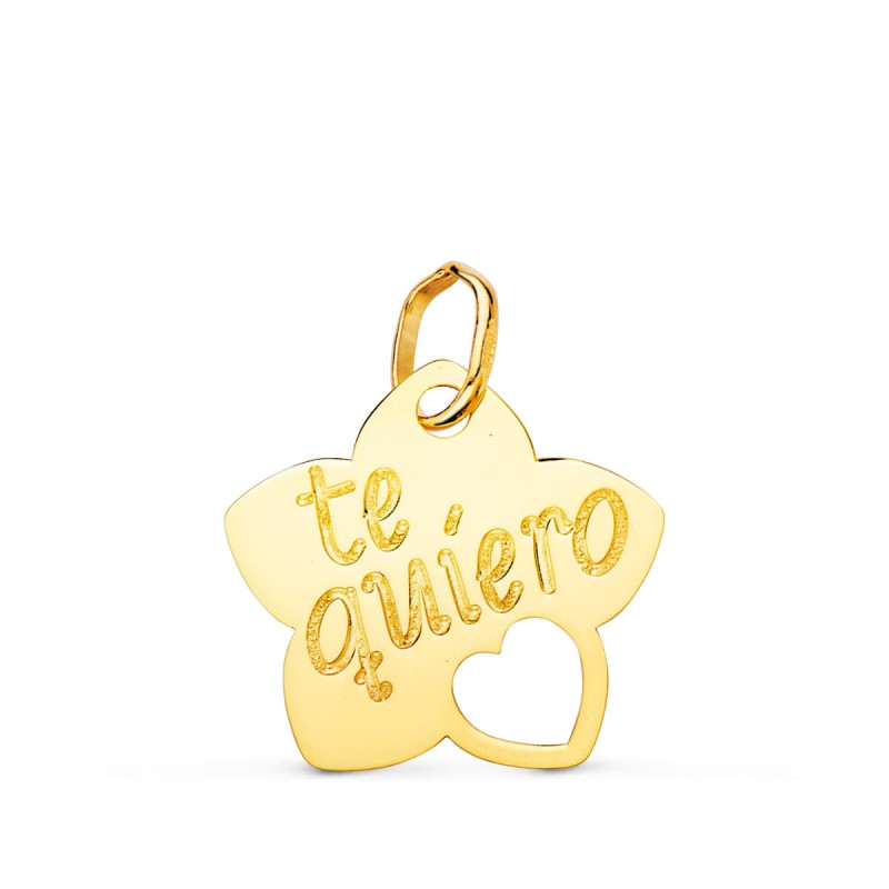 18K COLGANTE ORO AMARILLO TE QUIERO FLOR CON CORAZON CALADO 15X14 MM C. AMOR