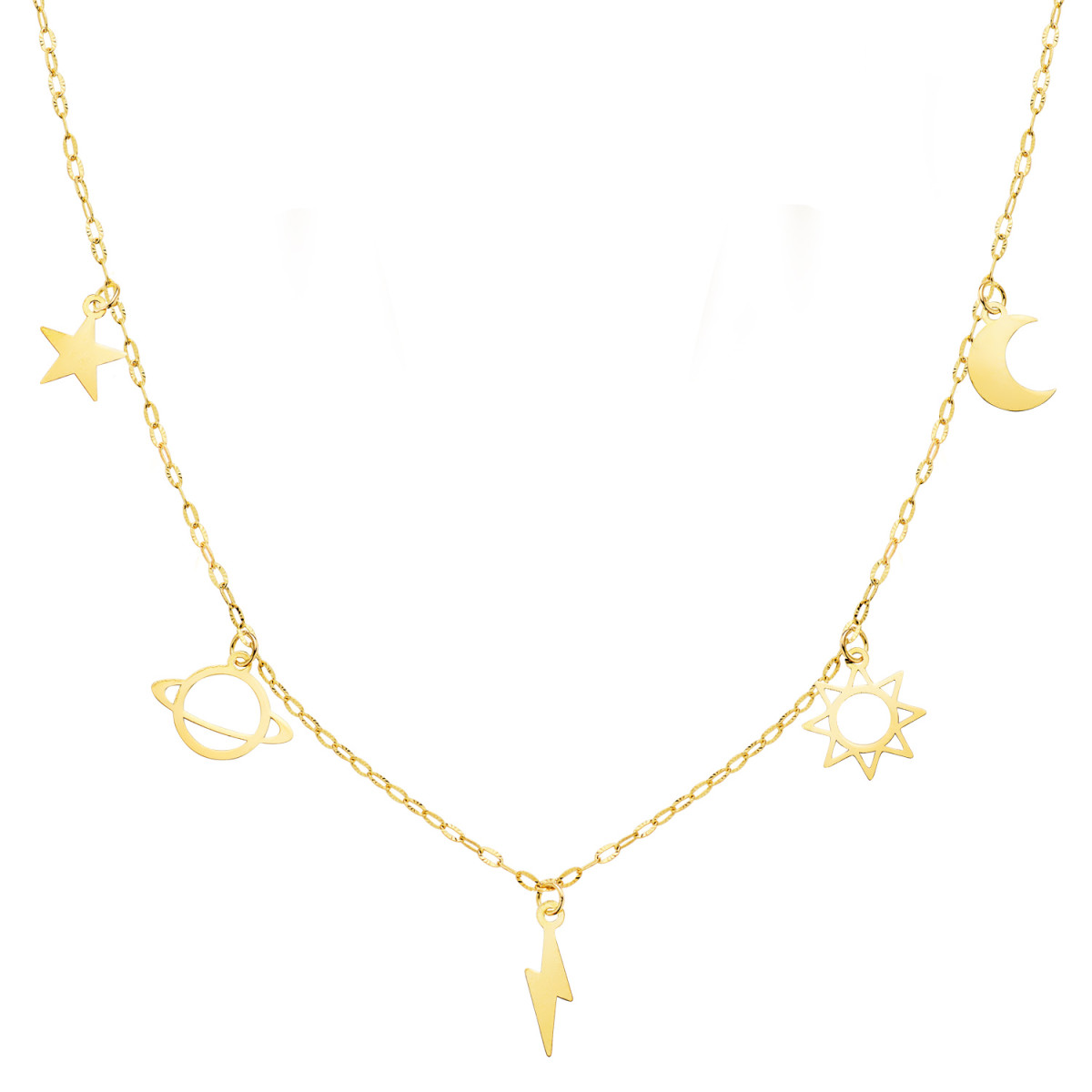 18K GARGANTILLA ORO AMARILLO CON COLGANTES UNIVERSO CADENA FORZADA TALLADA 42 3 CM