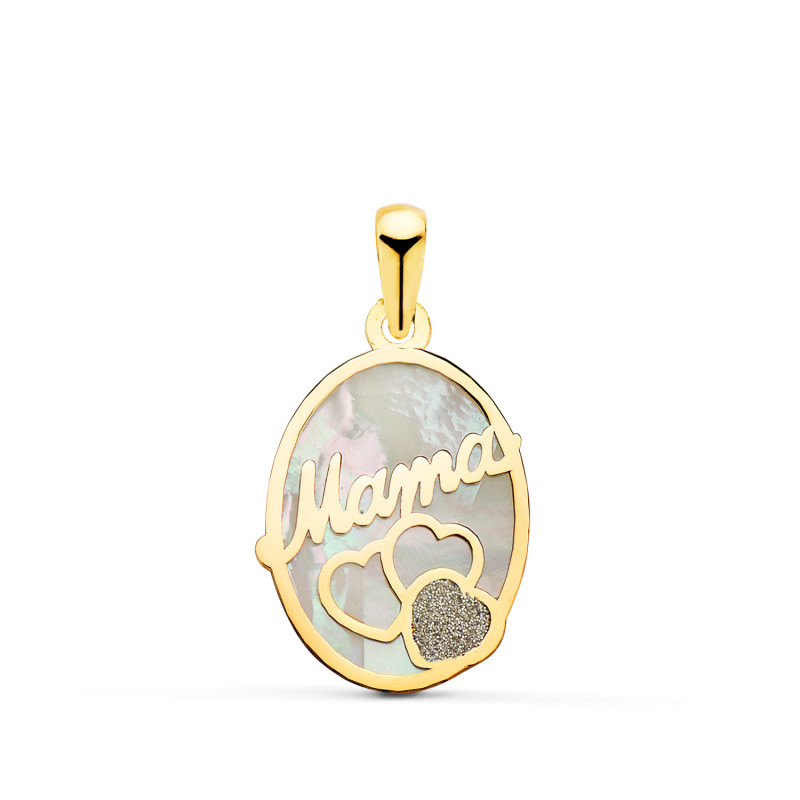 18K COLGANTE DE NACAR OVALORO AMARILLO MAMA CON CORAZONES Y POLVO DE DIAMANTE 17X13MM