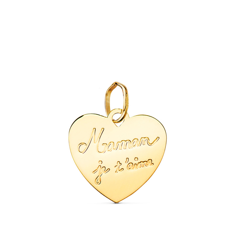 9K COLGANTE ORO AMARILLO CORAZON EN BRILLO MAMAN JE T AIME. 14X14MM