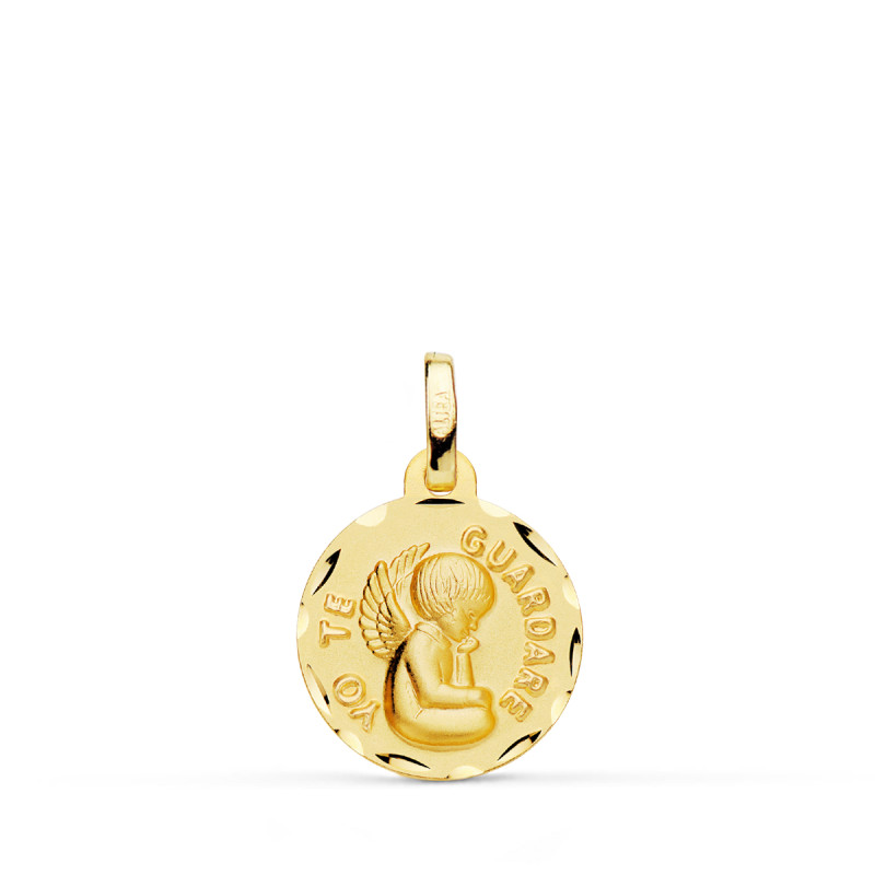 9K MEDALLA ORO AMARILLO TALLADA ANGEL " YO TE GUARDARE " 14 MM