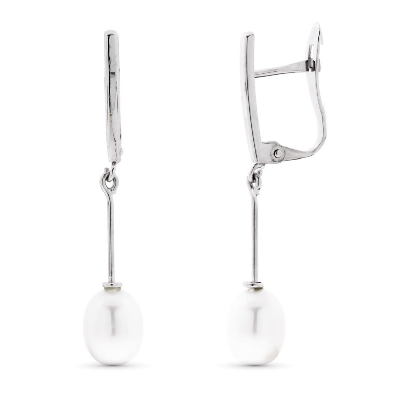 18K PENDIENTES ORO BLANCO CON PERLA 30X5 MM CIERRE CATALAN