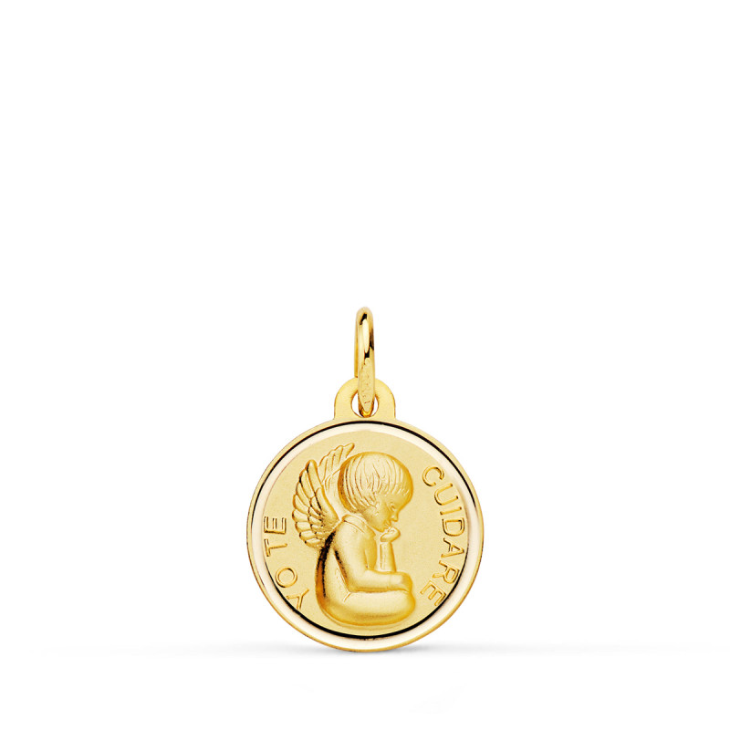 18K MEDALLA ORO AMARILLO ANGELITO "YO TE CUIDARE" BISEL. MEDIDA: 14 MM