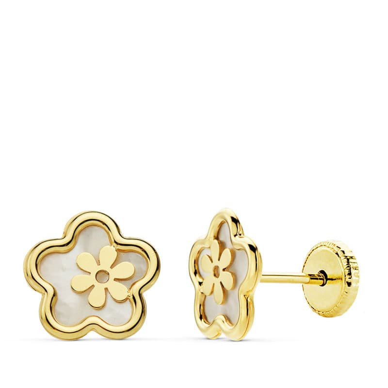 18K PENDIENTES ORO AMARILLO FLOR NACAR 8 MM TUERCA