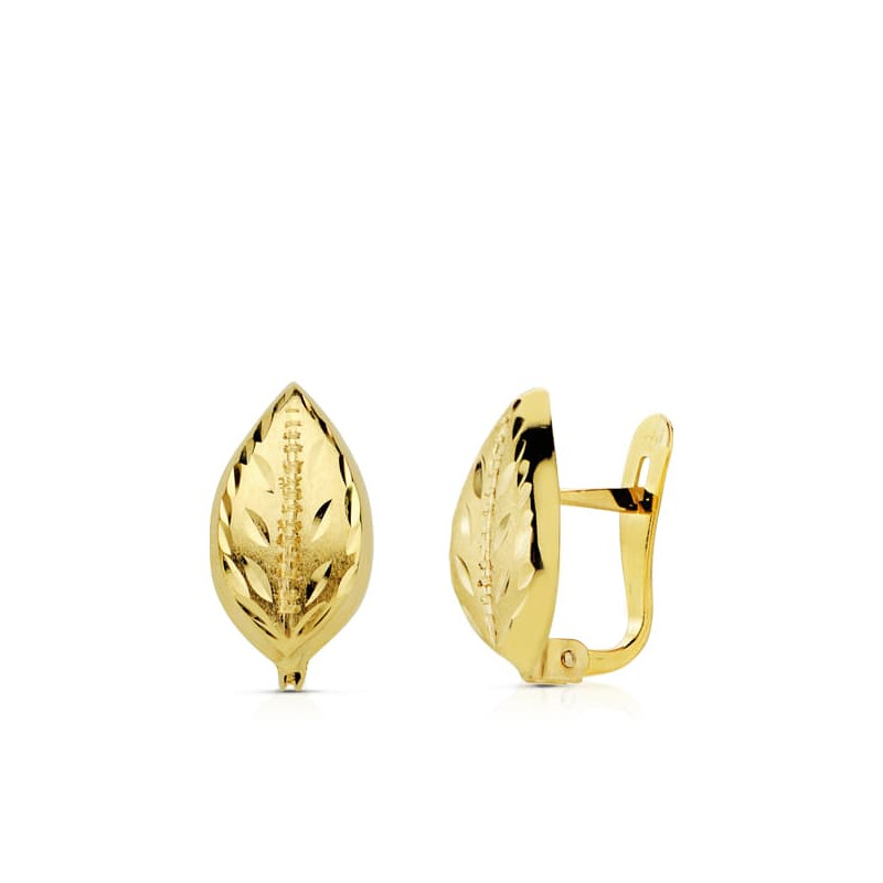18K PENDIENTES ORO AMARILLO HOJA LAPIDADOS 12X7 MM CIERRE CATALÁN