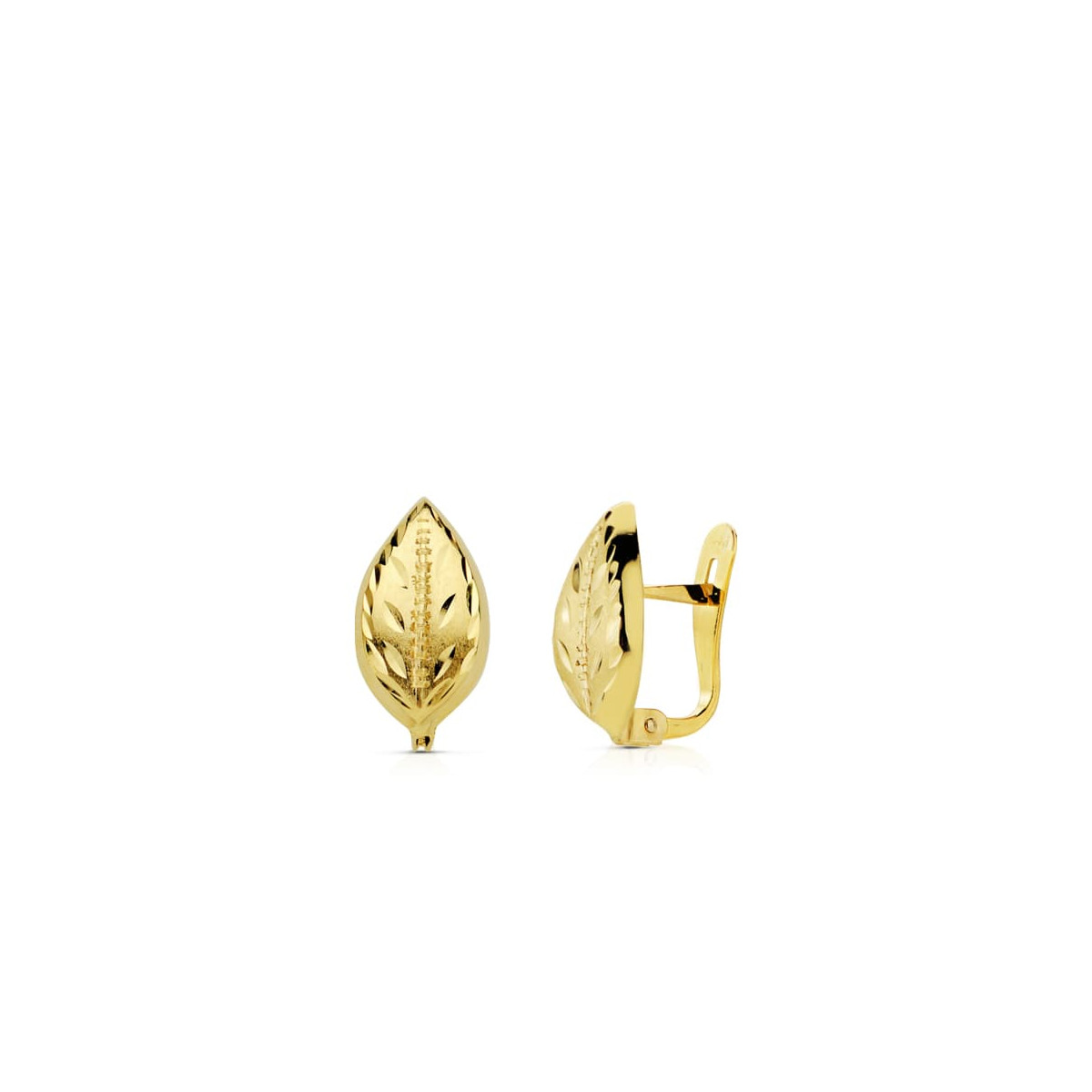18K PENDIENTES ORO AMARILLO HOJA LAPIDADOS 12X7 MM CIERRE CATALÁN